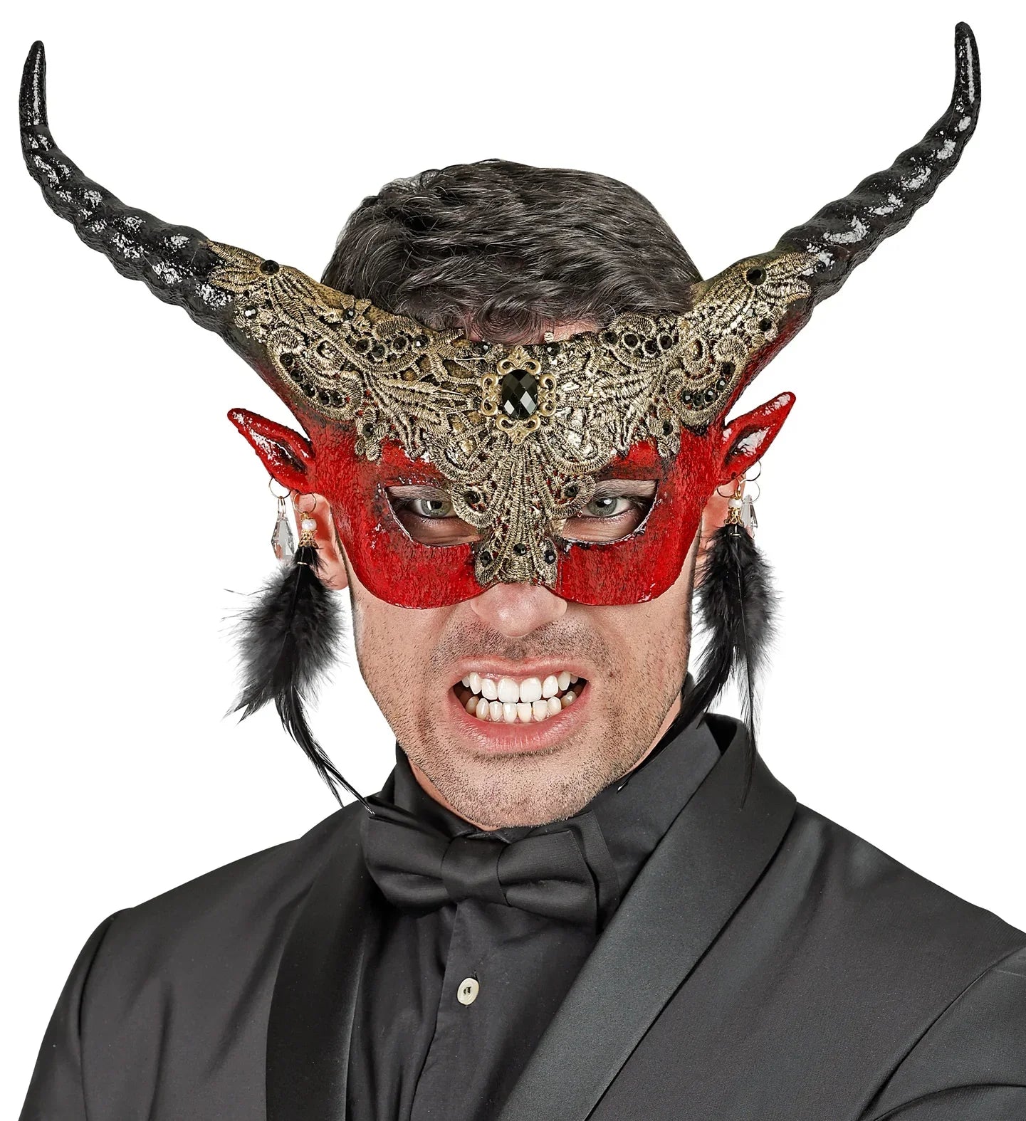Antifaz de Diablo Rojo con Cuernos y Pedrería Máscaras Halloween Widmann