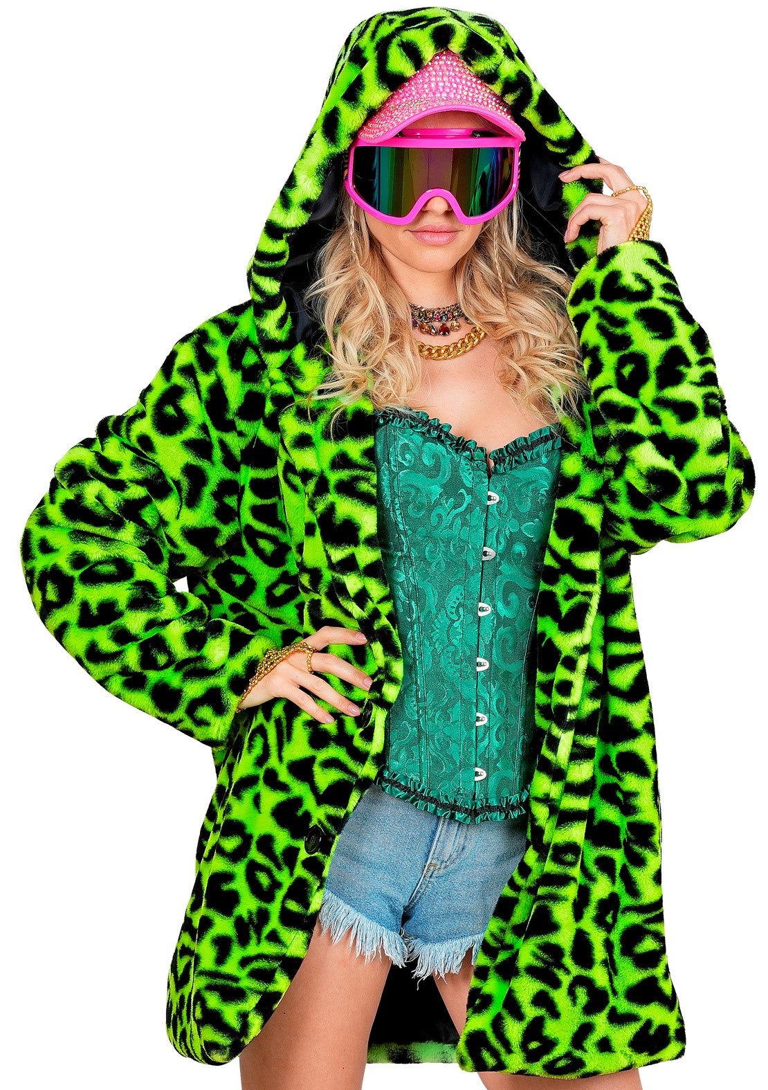 Jaqueta de Pelúcia de Leopardo Verde Neon para Adulto