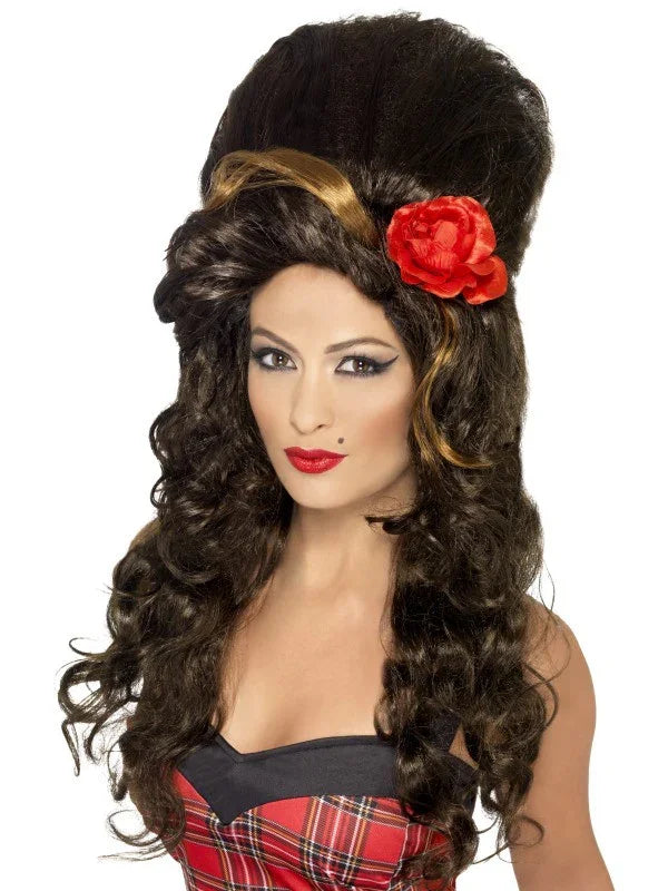 Peluca de Amy Winehouse con Flor Roja Músicos y Cantantes Smiffys