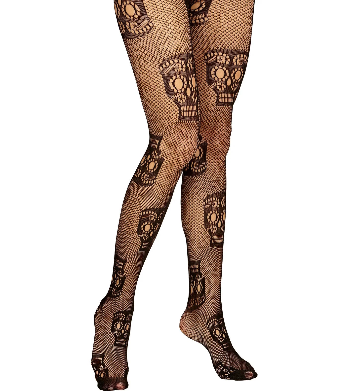 Pantys Negros de Rejilla con Calaveras Mexicanas Catrina Widmann