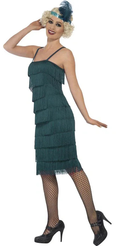 Disfraz de Charlestón Verde Oscuro Largo Años 20 Charleston y Gangster Smiffys