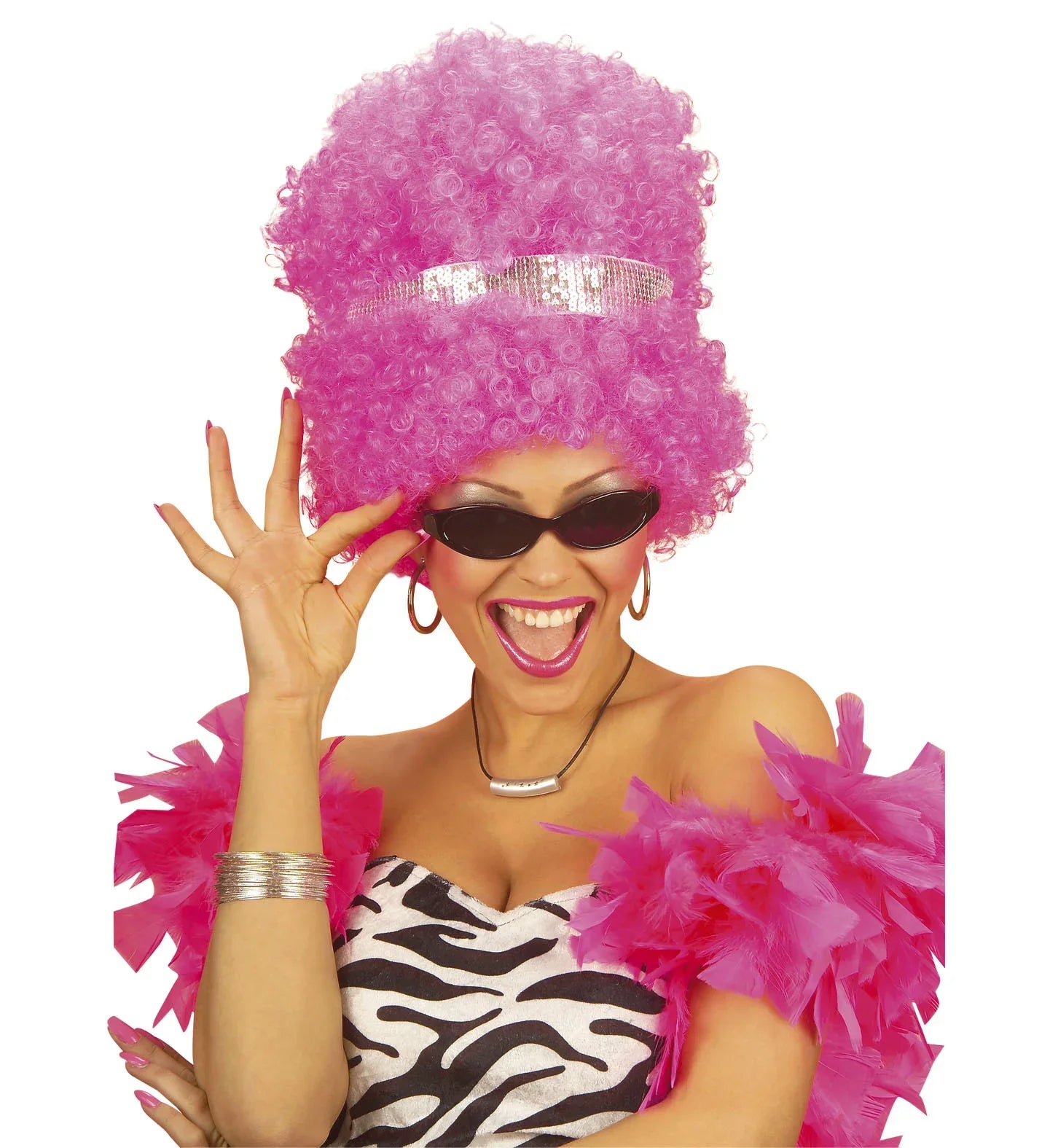 Peluca Rosa Fucsia Rizosa con Cinta Plateada COMPLEMENTOS Widmann