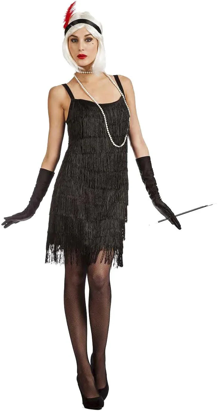 Disfraz de Charlestón Negro con Flecos para Mujer Años 20 Charleston y Gangster Kimokawaii