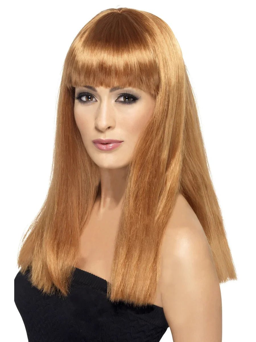 Peluca Castaña Clara Larga Lisa con Flequillo Pelucas Castañas Smiffys