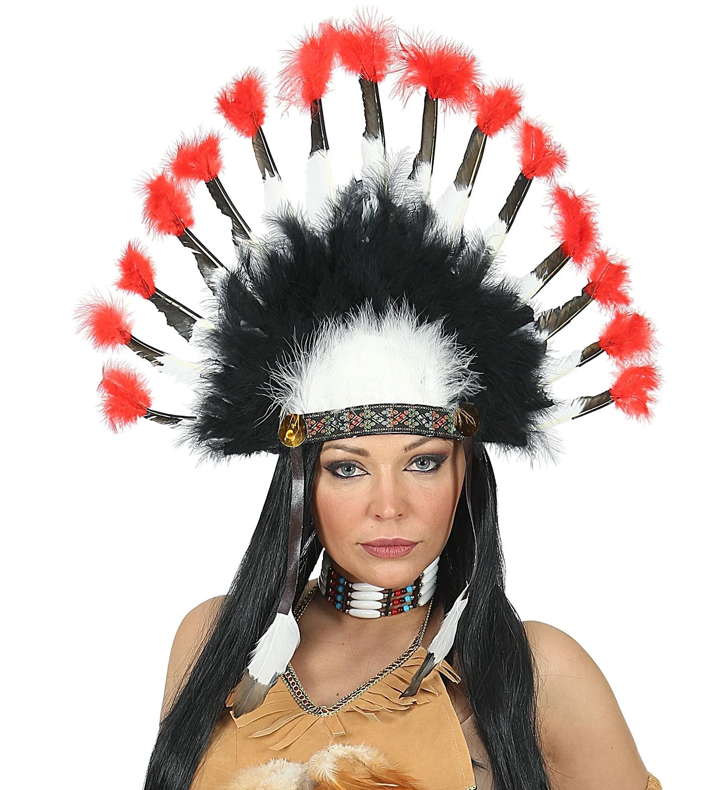 Penacho Indio con Plumas Blancas, Rojas y Negras Complementos Indios Atosa