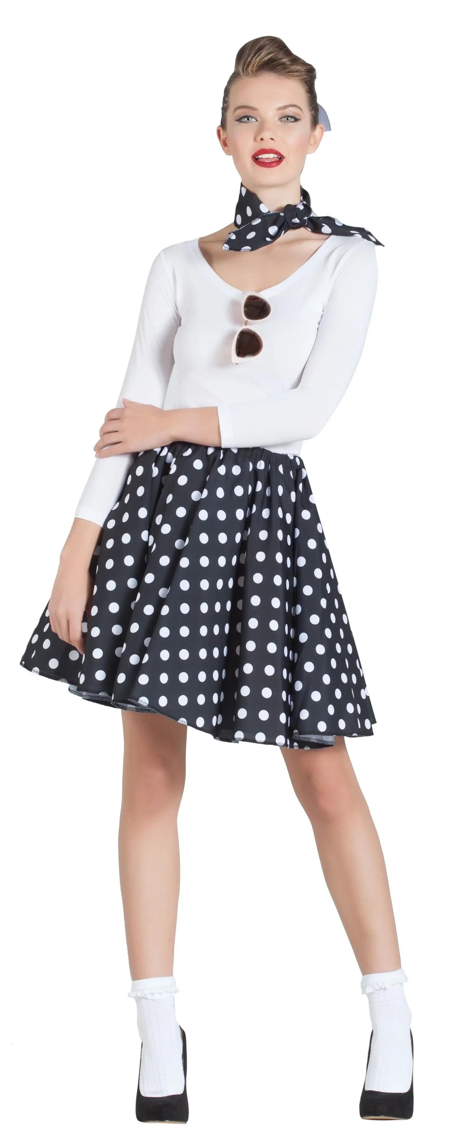 Falda Negra Años 50 con Lunares y Pañuelo Complementos Grease Años 40 - 50 Kimokawaii