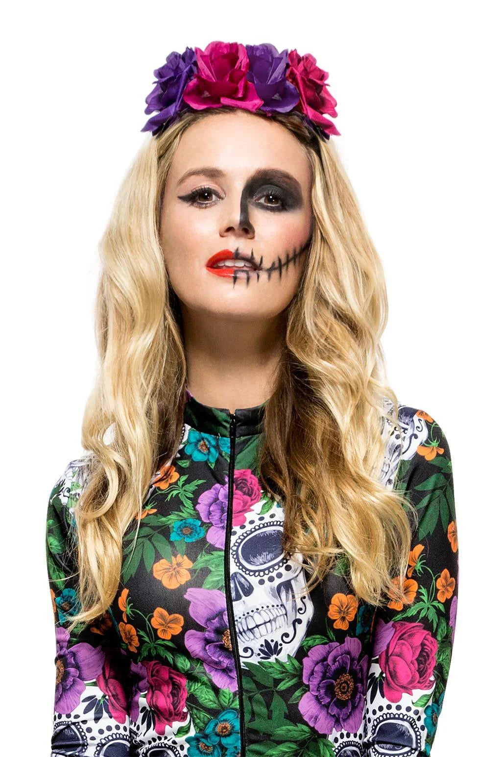 Diadema de Catrina con Flores Rosas y Moradas Catrina Smiffys