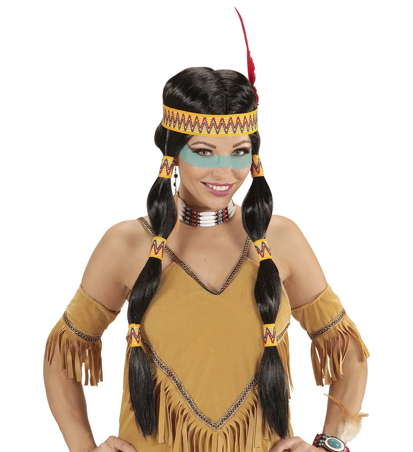 Peluca de India con Coletas y Cinta con Pluma Complementos Indios Widmann