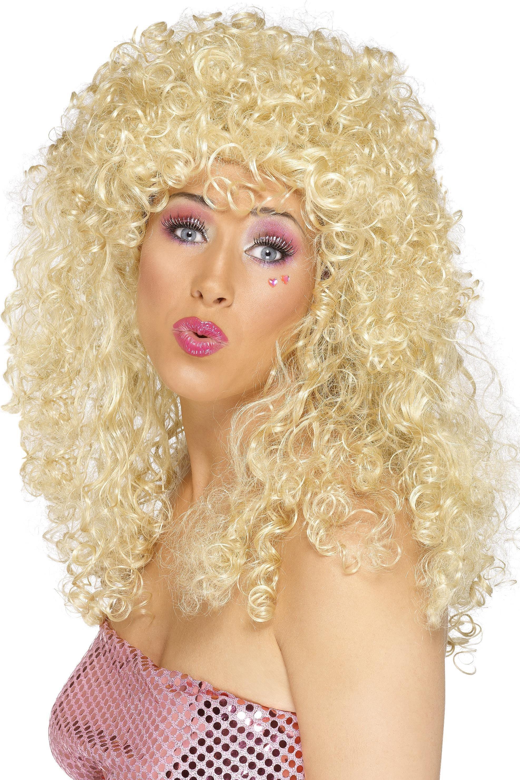 Peluca Rubia Años 80 con Melena Larga Rizada Años 80 Smiffys