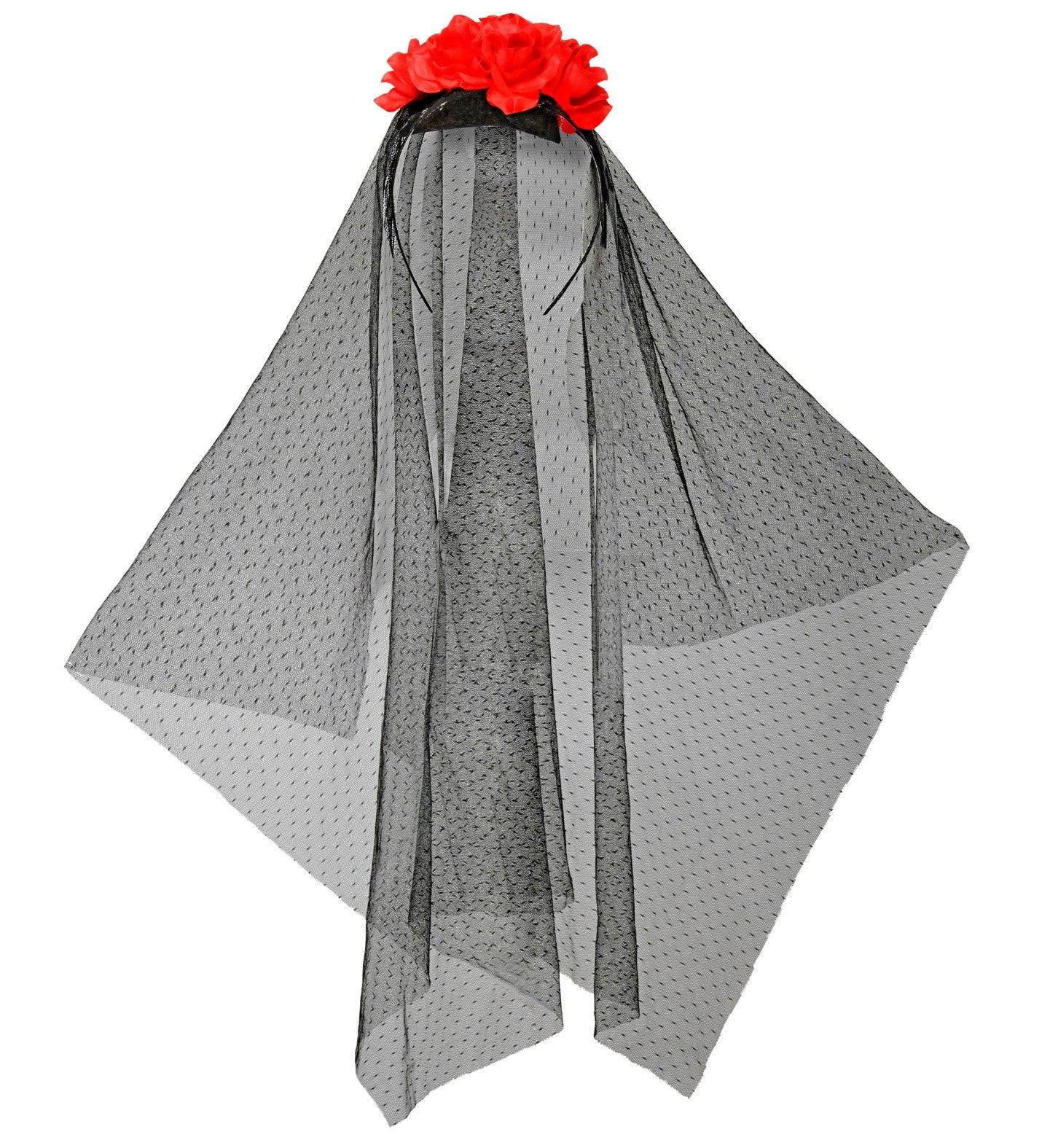 Tocado de Catrina con Rosas Rojas y Velo Negro Catrina Widmann