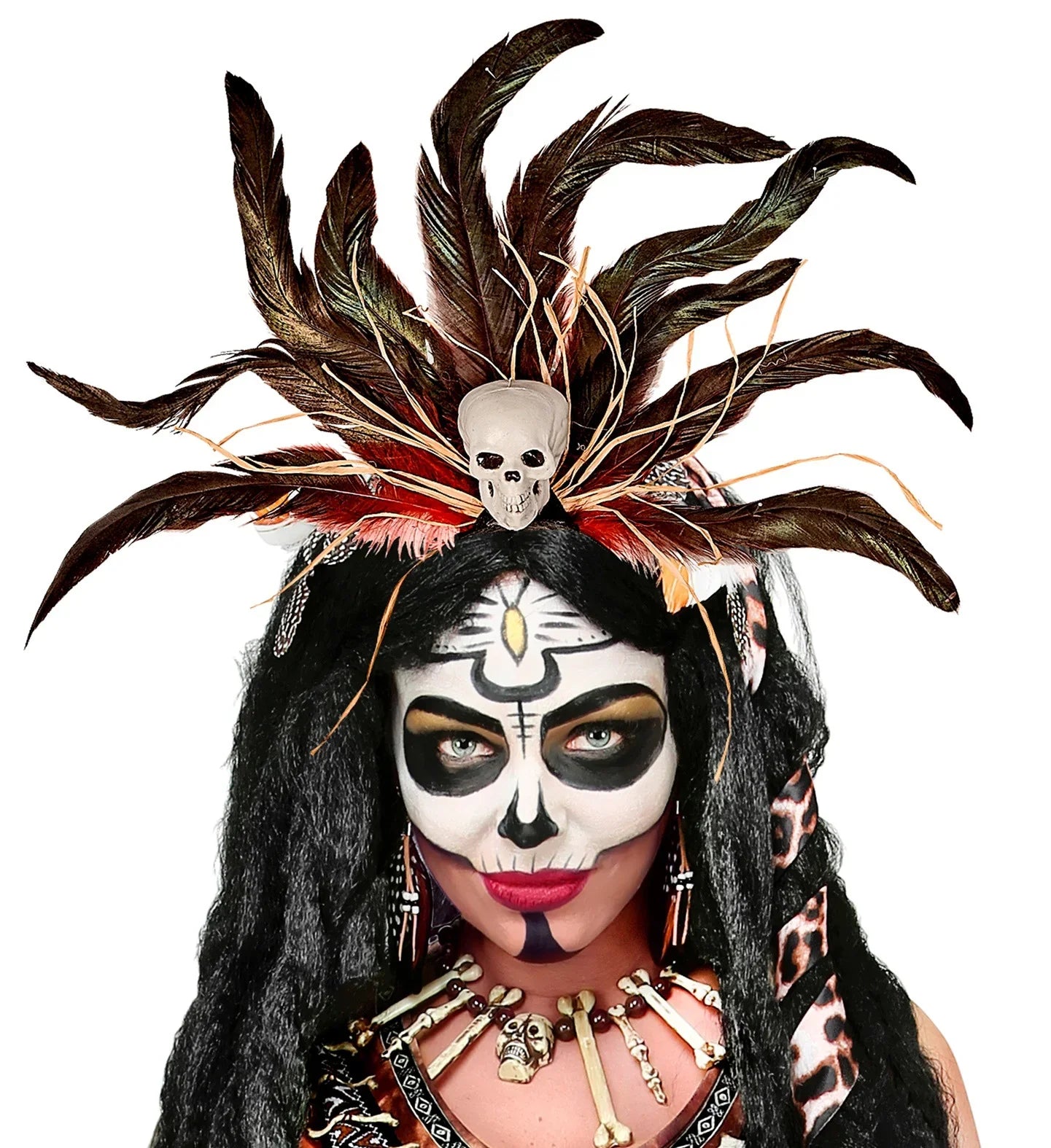 Tocado Vudú con Calavera y Plumas Rojas y Negras Hechiceros y Muñecas Vudú Widmann