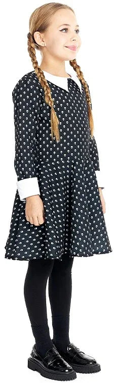 Disfraz de Miércoles con Lunares Calaveras para Niña Miércoles Addams Partilandia