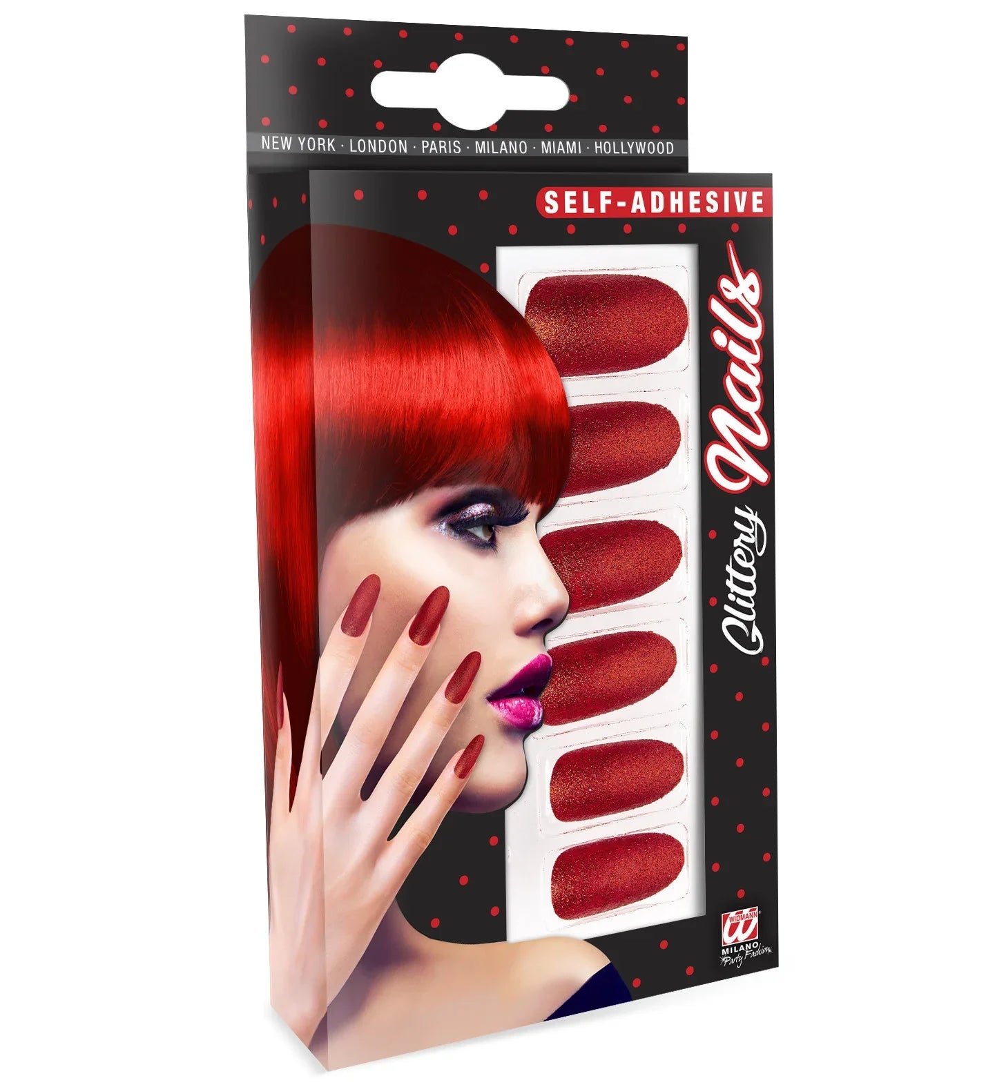 Uñas Postizas Rojas Autoadhesivas con Purpurina Uñas Postizas Widmann