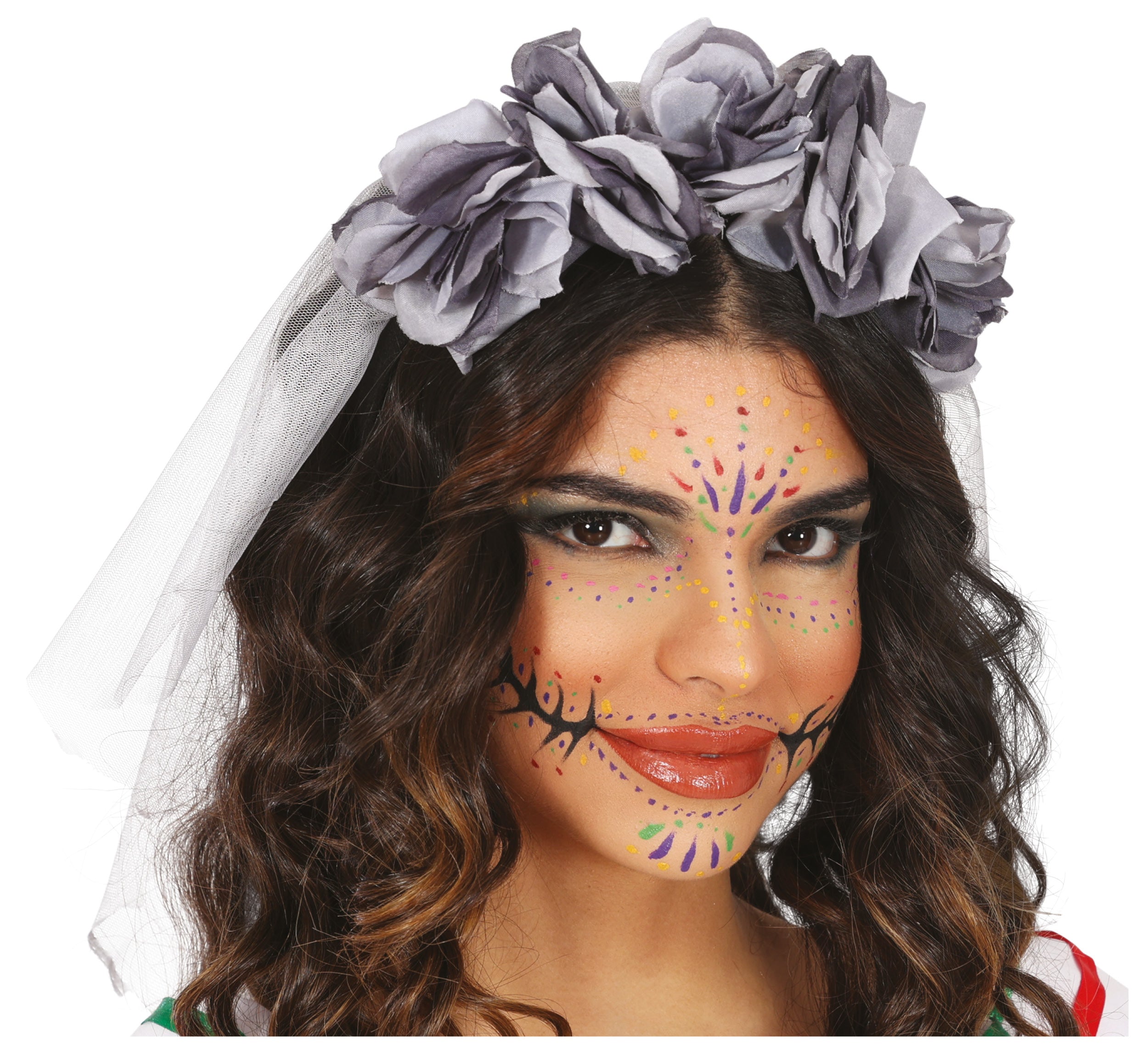 Diadema de Catrina com Flores Cinzentas e Véu