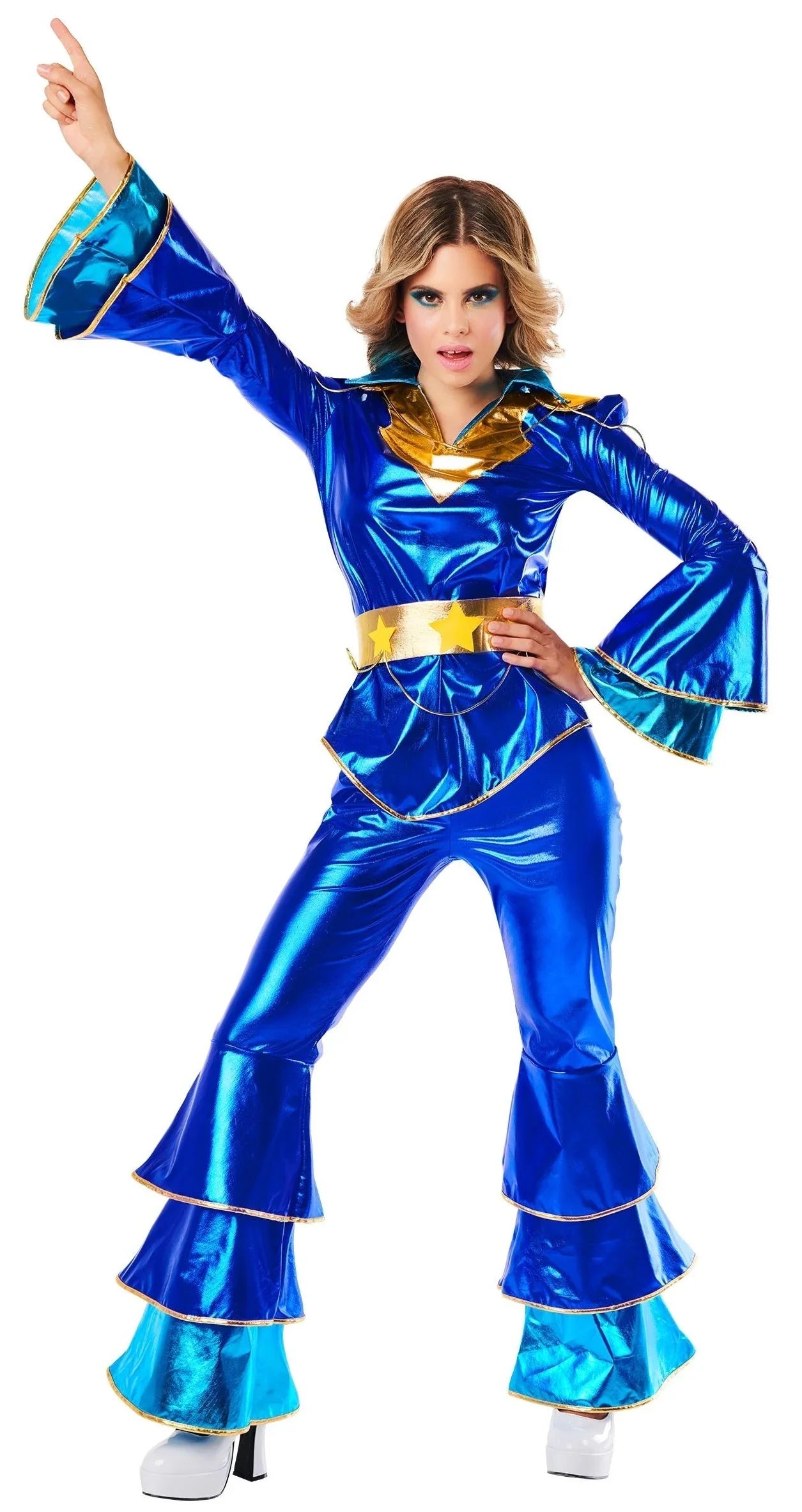 Disfraz Disco Años 70 Azul y Dorado para Mujer Disco Kimokawaii