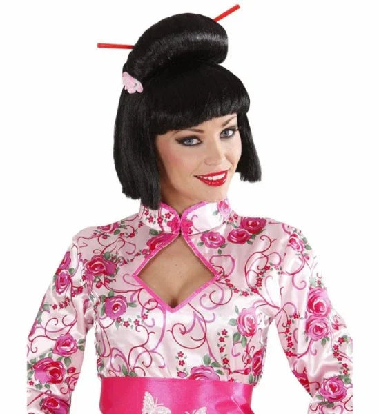 Peluca Morena de Geisha con Flor y Palillos COMPLEMENTOS Widmann