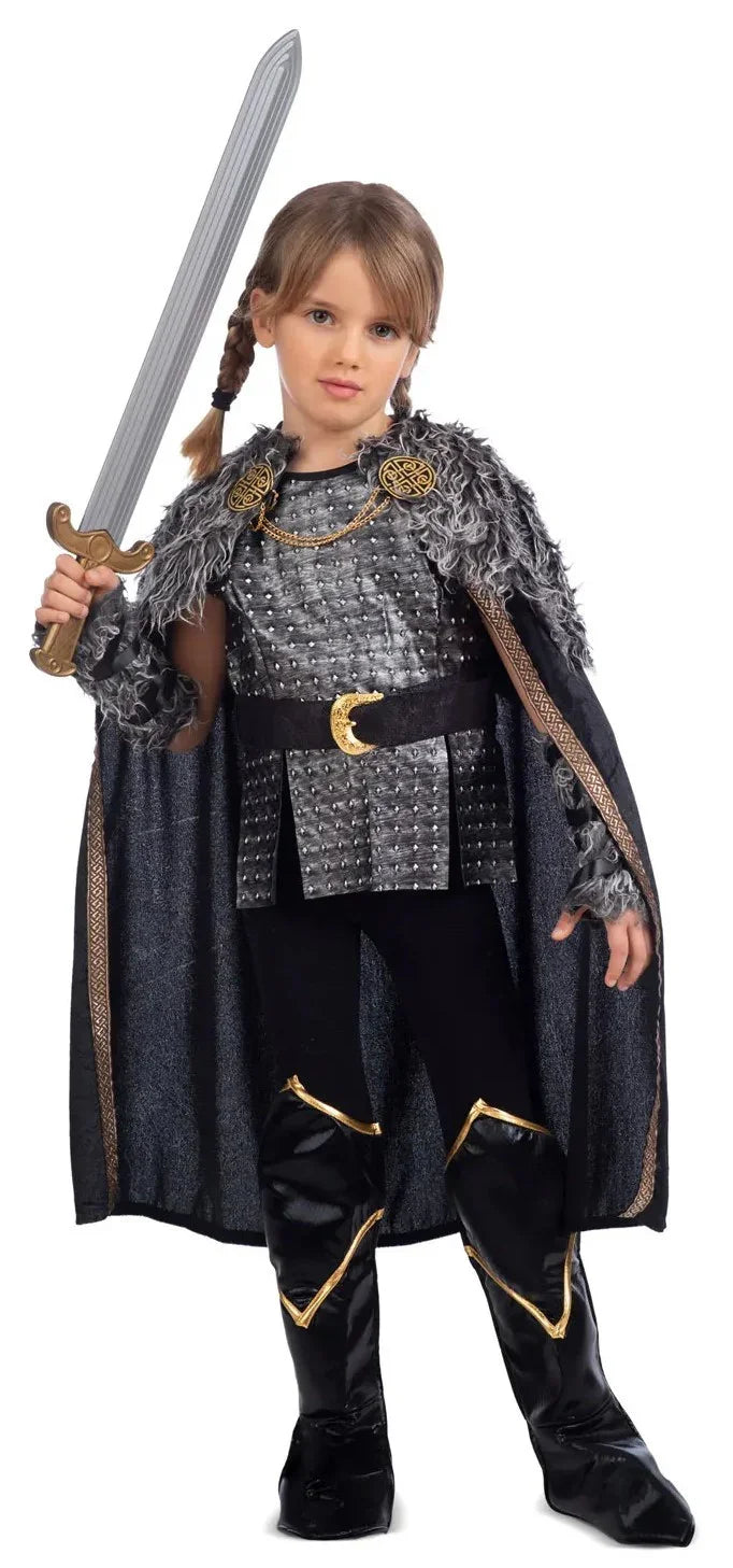 Disfraz de Vikinga Negro con Capa para Niña Vikingos Infantiles Viving