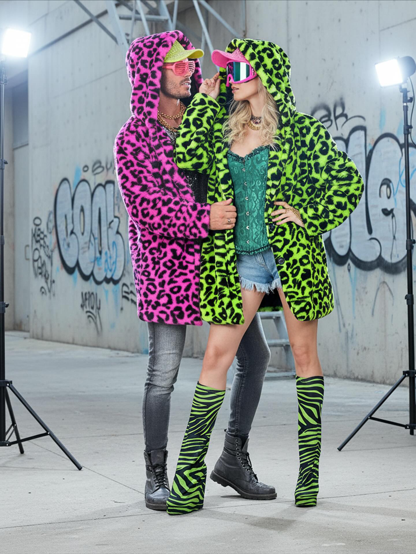 Jaqueta de Pelúcia de Leopardo Verde Neon para Adulto