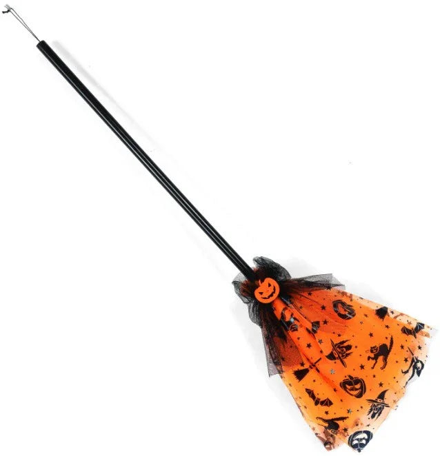Escoba de Bruja Naranja con Estampado de Halloween Escobas Partilandia