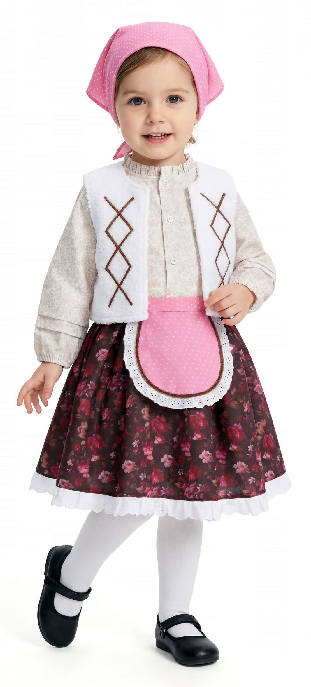 Fato de Pastora com Lenço na Cor Rosa Infantil