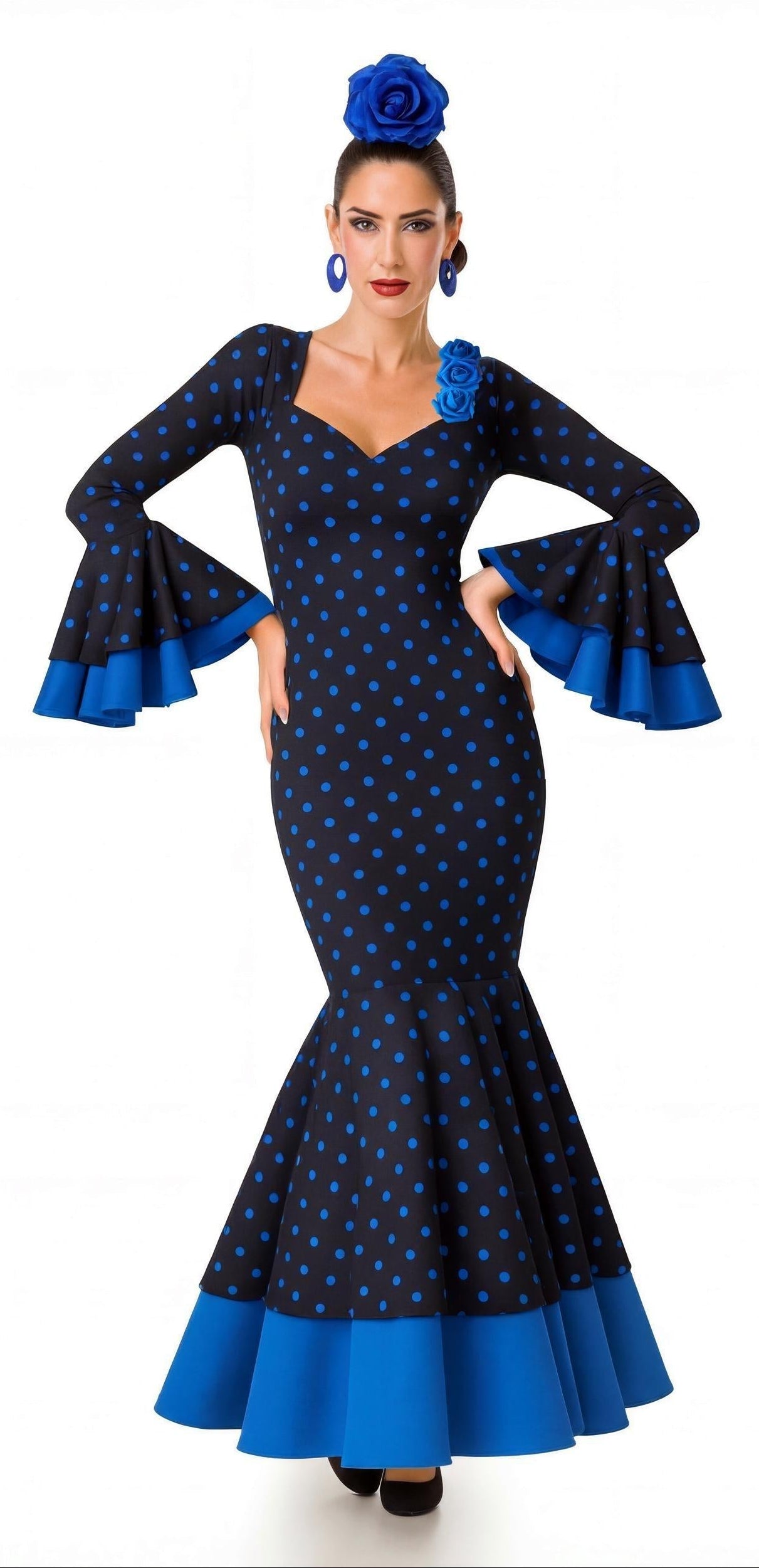 Fato Flamenca Elegante Azul com bolinhas para Mulher