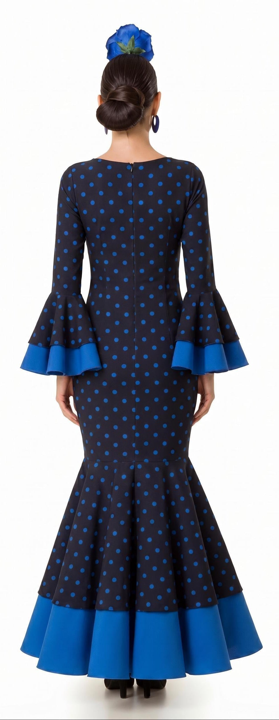 Fato Flamenca Elegante Azul com bolinhas para Mulher